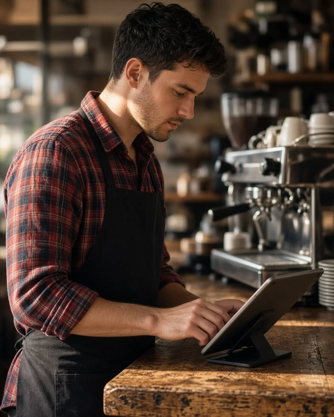 Illustrated shop owner working on a tablet at a counter