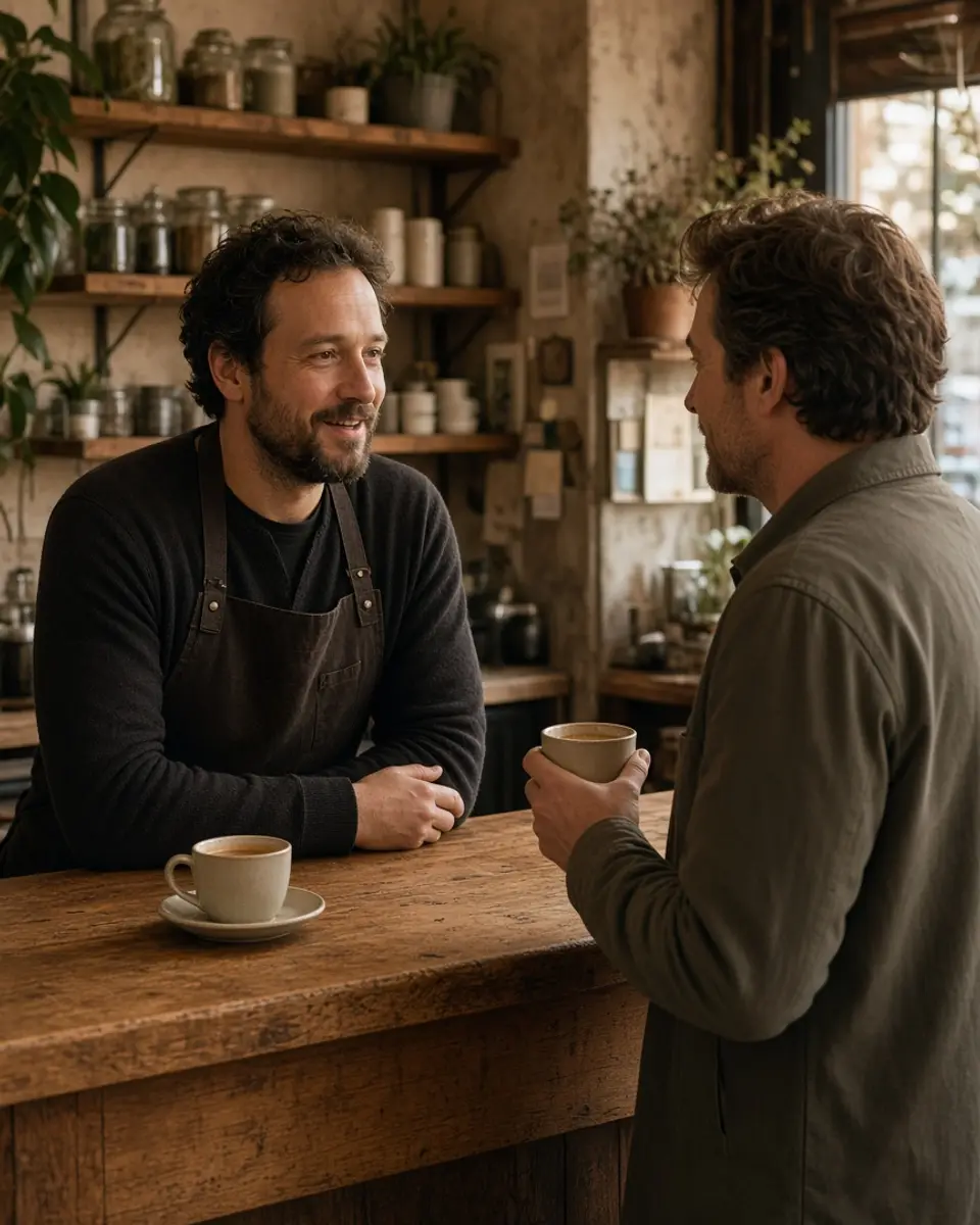 Illustrated shop owner and customer talking across a counter