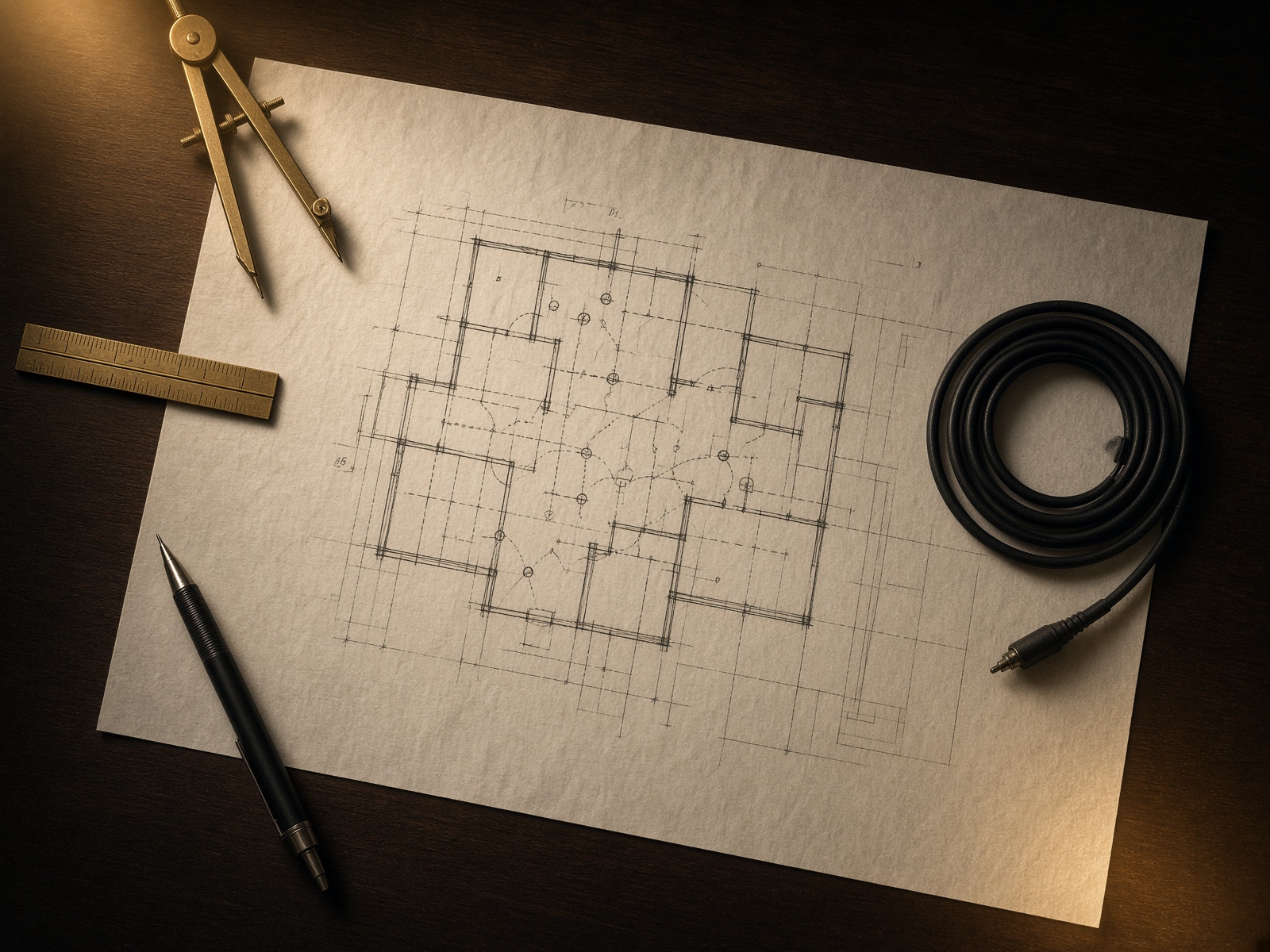 A hand-inked plan of a shop network on tracing paper.